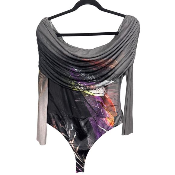 AFRM Maxine Ruched Off the shoulder bodysuit Feather Print Size XL NWOT - Picture 3 of 10
